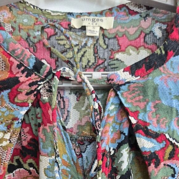 Umgee Boho Blouse S Floral Paisley Print Tassel Tie Cotton Blend‎ Long Sleeve - Picture 2 of 8